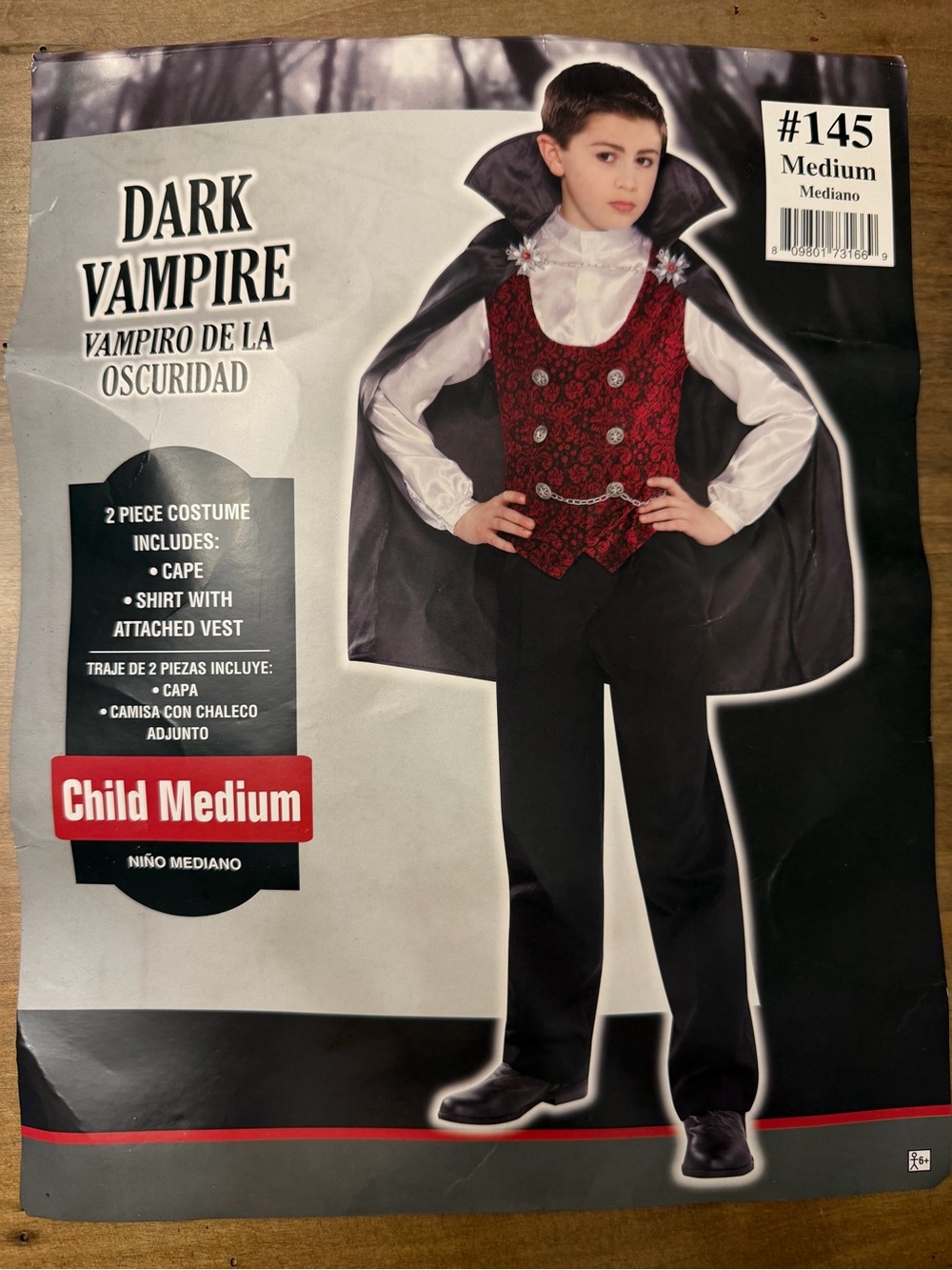 Dark Vampire Kids Costume - Black Cape with Red Vest Size child medium